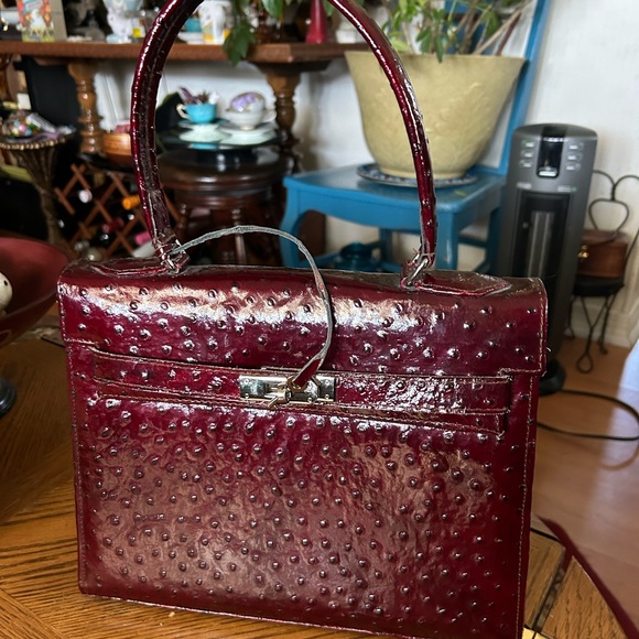 Vintage Burgundy Ostrich Leather Handbag - Picture 2 of 15